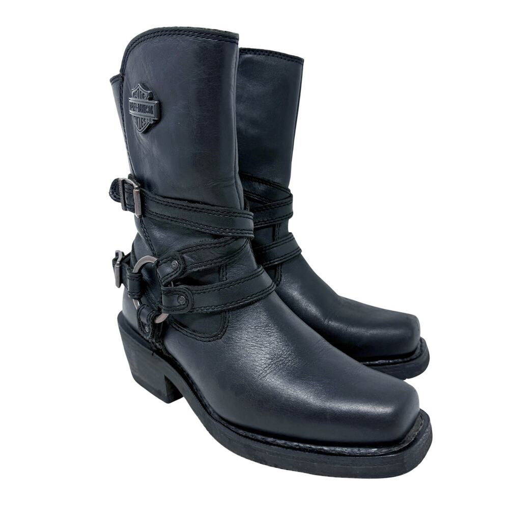 Harley-Davidson Black Leather Harness Moto Boots Women's Size 6 EUC Side Zip